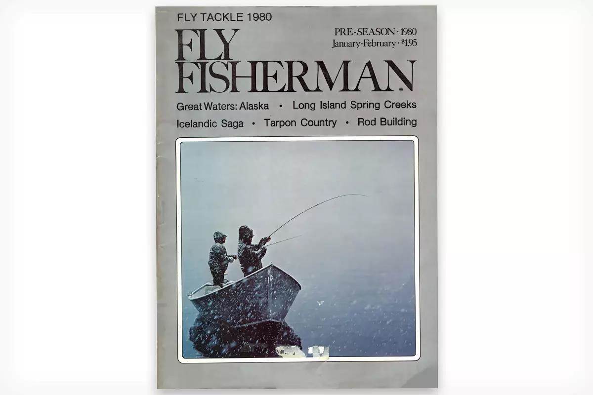 The cover of the Jan-Feb 1980 issue of Fly Fisherman magazine showing two men in a driftboat in the snow. 