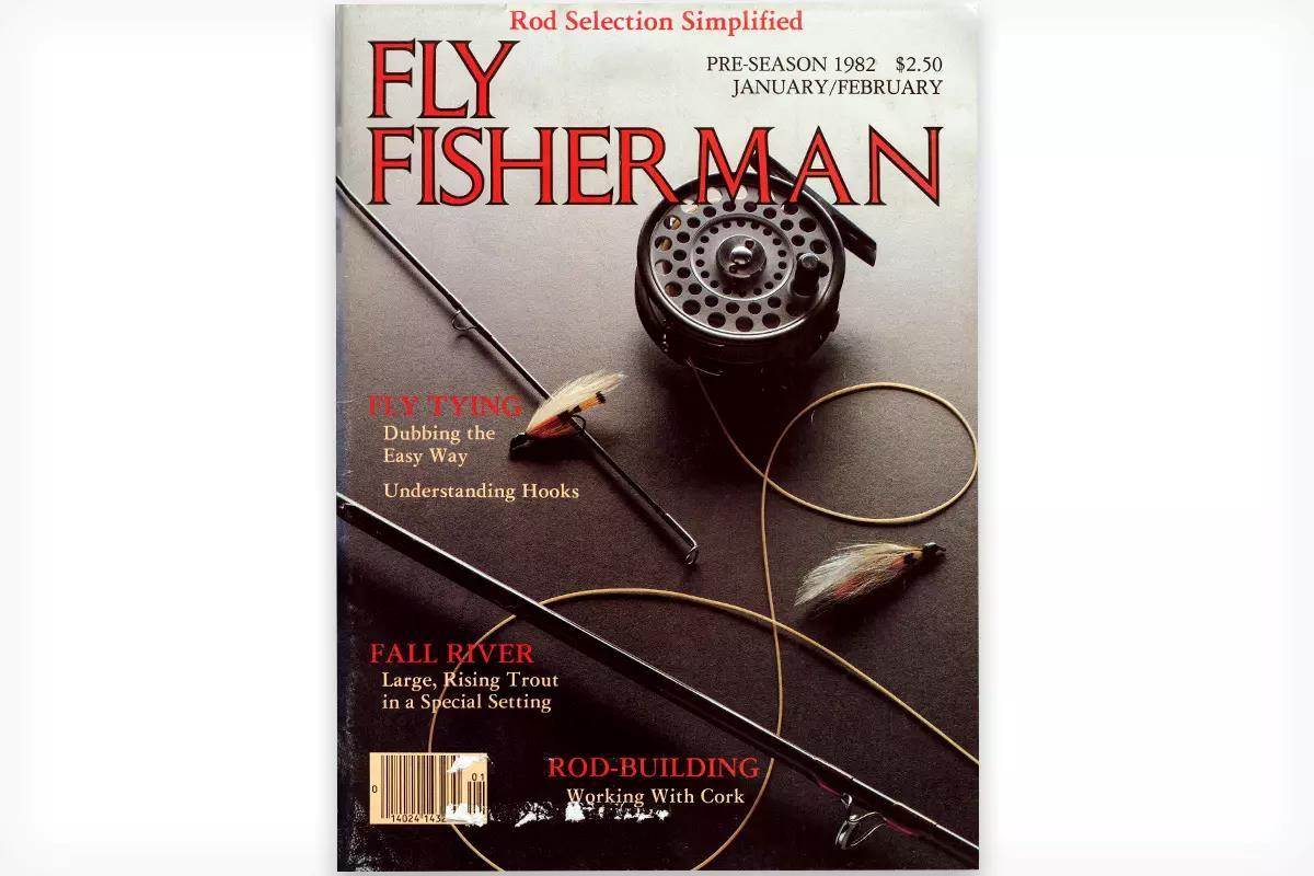 The cover of the Jan-Feb 1982 issue of Fly Fisherman featuring sections of a fly rod, a fly line, a fly reel, and some flies.