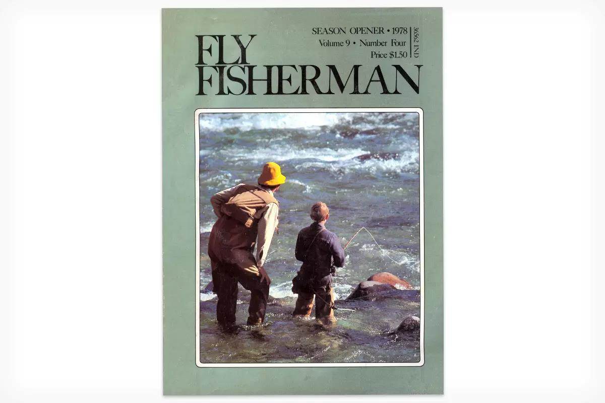 The cover of the Season Opener 1978 issue of Fly Fisherman showing an elder fly angler coaching a kid holding a rod and reel. 