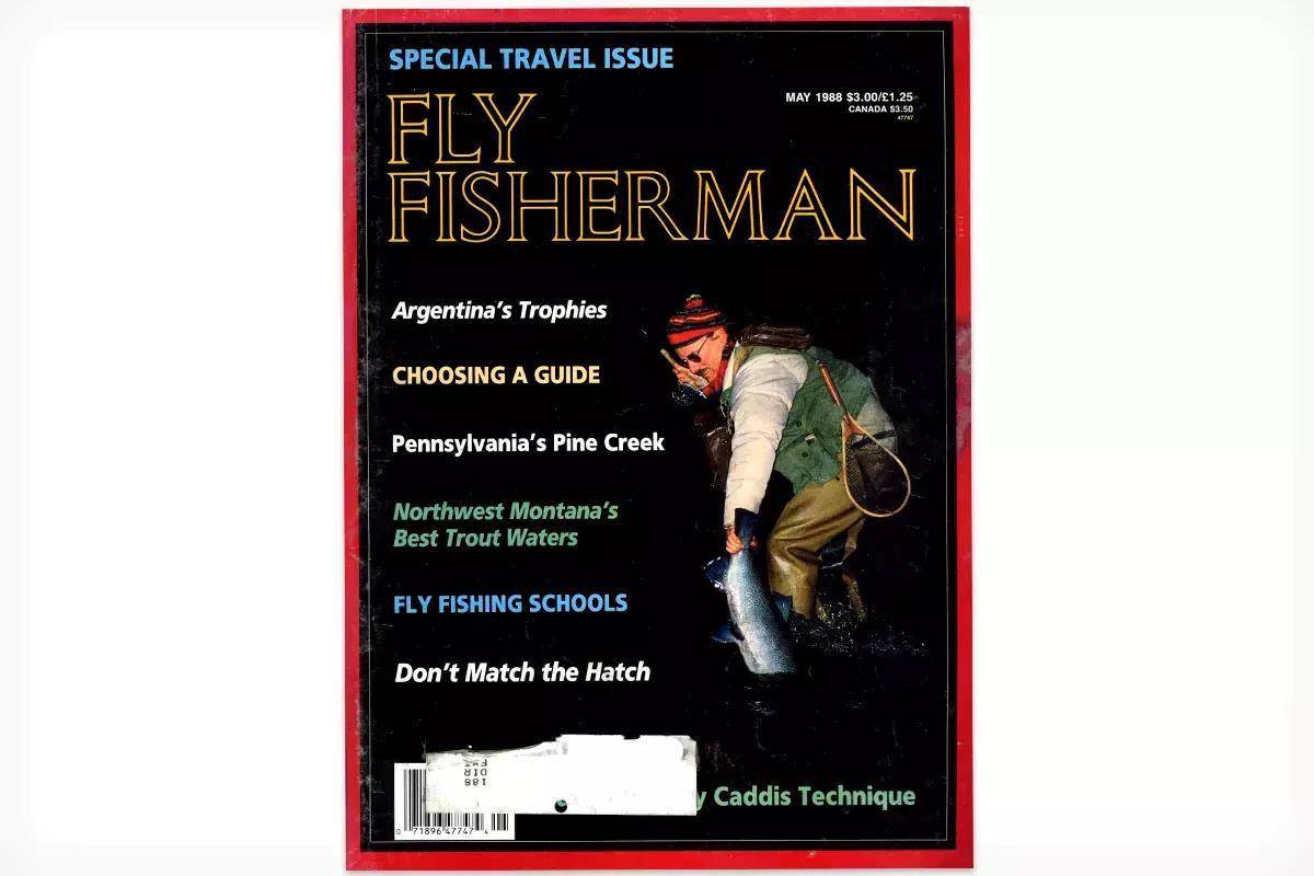 The cover of the May 1988 issue of Fly Fisherman showing a fly angler landing a salmon.