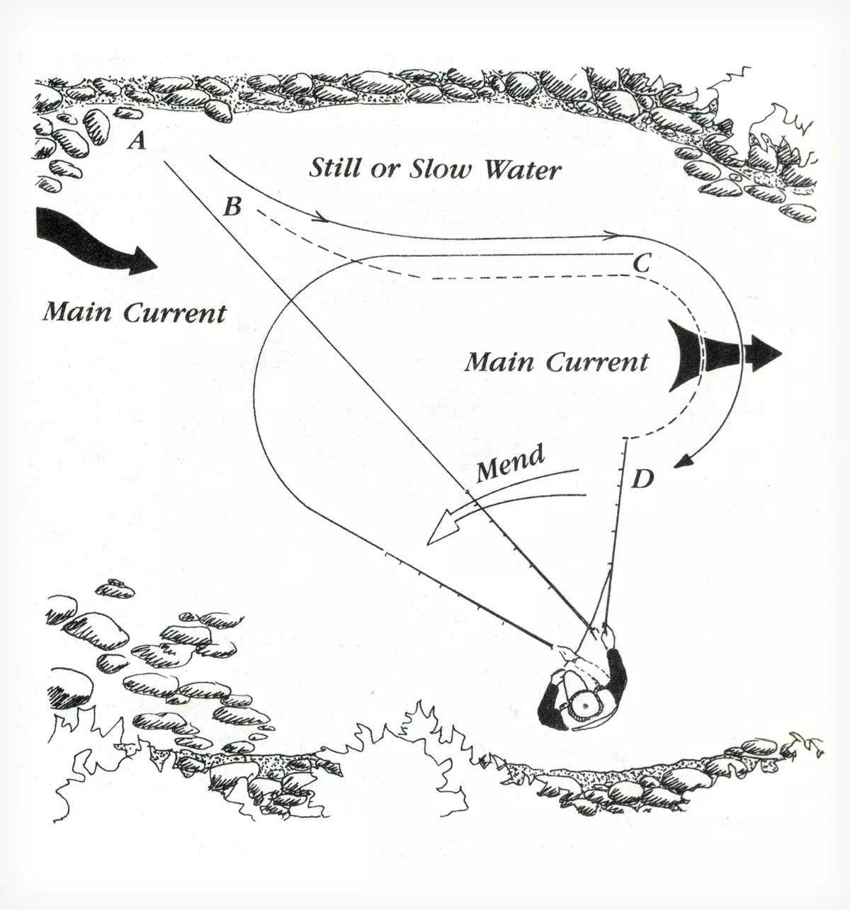 An illustration of a fly angler fishing a swimming caddis.