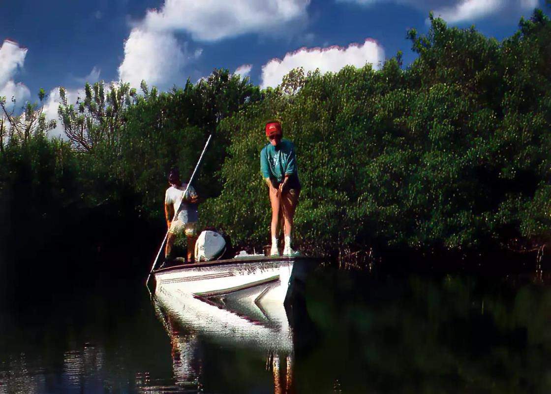A fisherman fly casting in the front of a flats boat; a guide in the back poling.