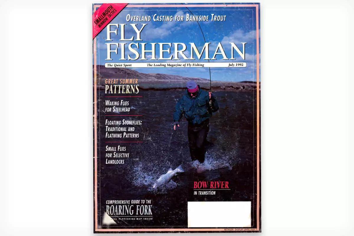 The cover of the July 1992 issue of Fly Fisherman showing a fly angler landing a large Atlantic salmon.