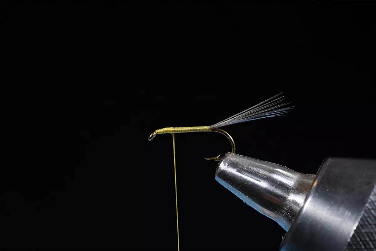 A step in a fly-tying tutorial; a hook and materials in a vise. 