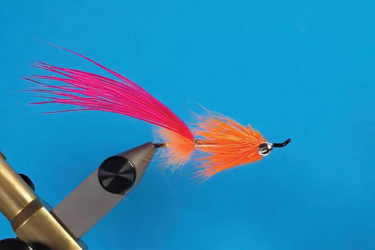 A hook in a vise; a step in a fly-tying tutorial.