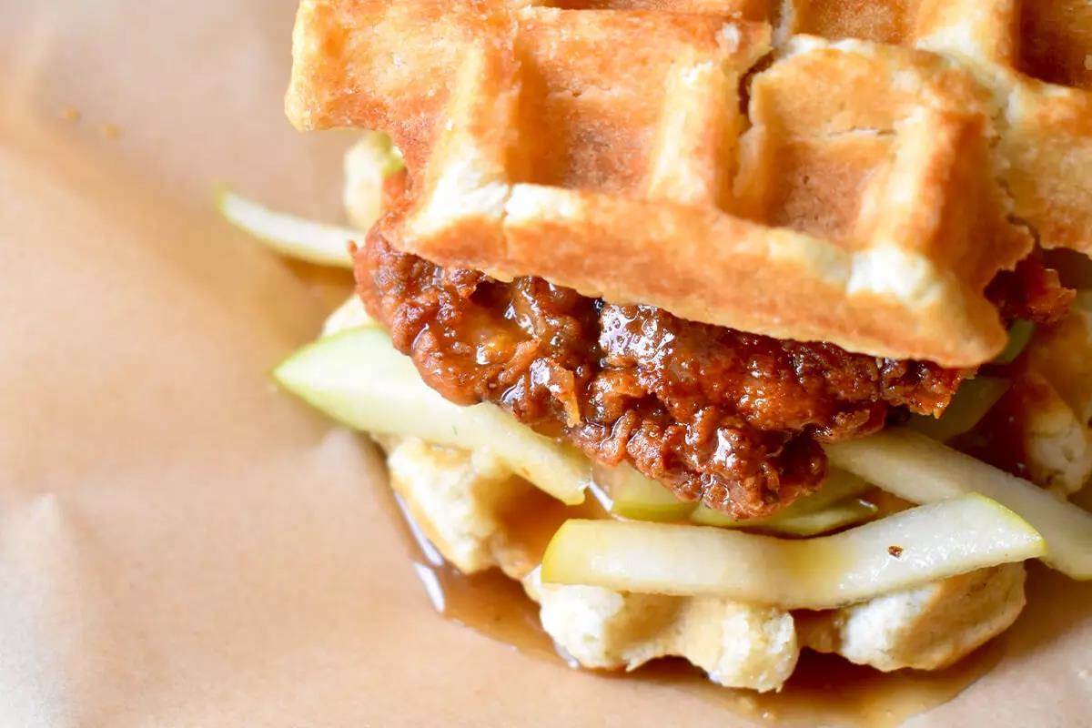 Fried Pheasant Waffle Sandwich with Pickled Apples Recipe - Petersen's Hunting