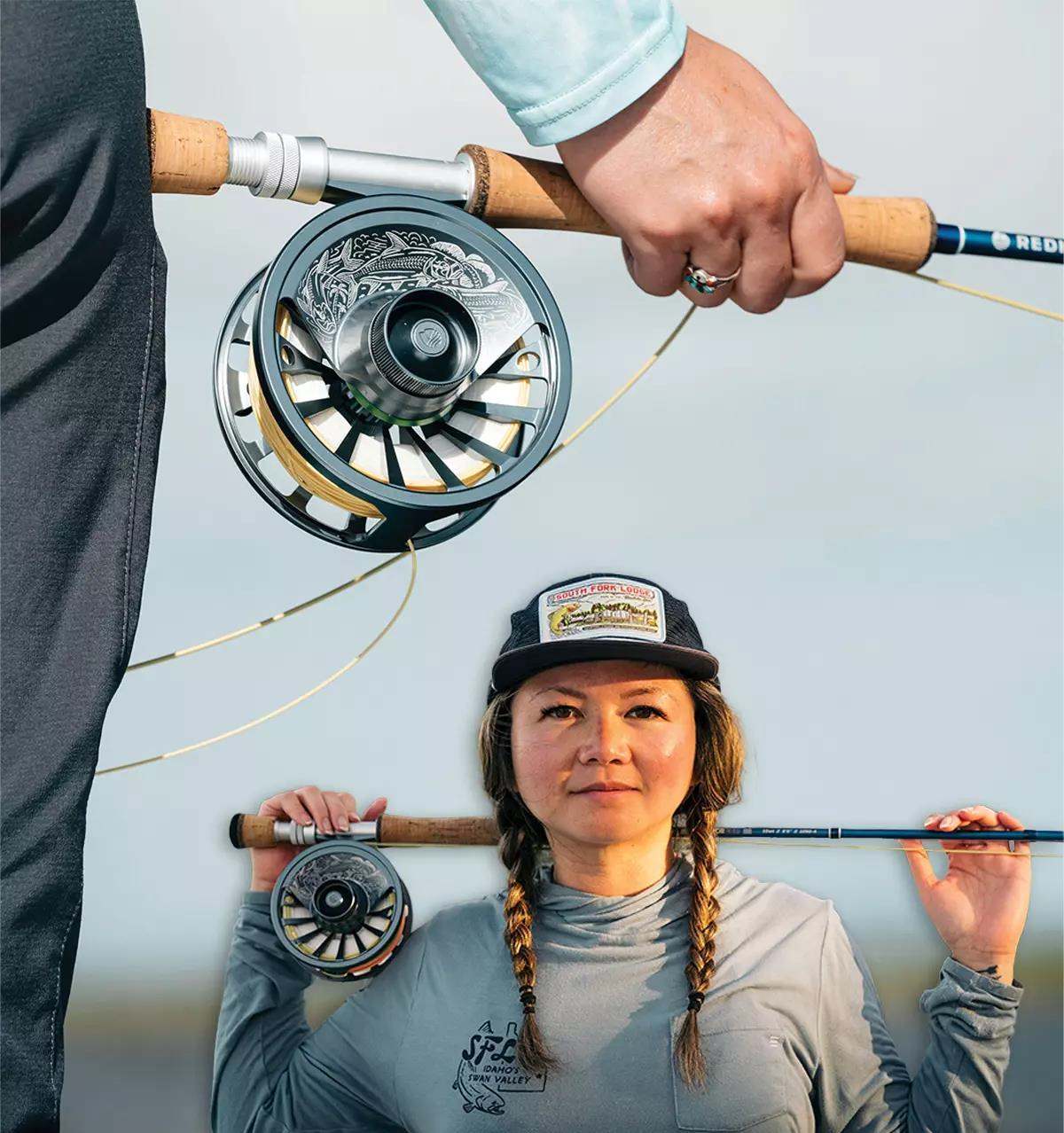 A Redington fly rod and reel held in a hand; inset photo of artist with fly rod and reel behind shoulders.