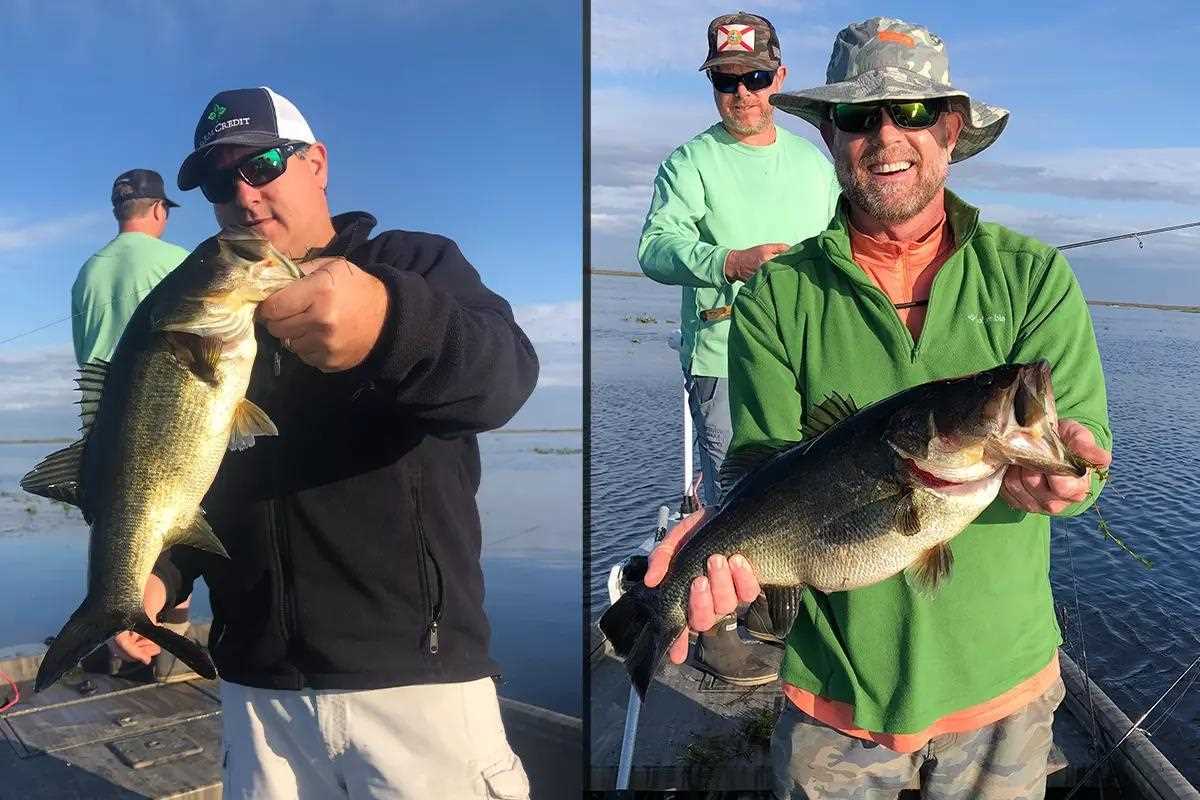 Side-by-side photos of lucky bass anglers.