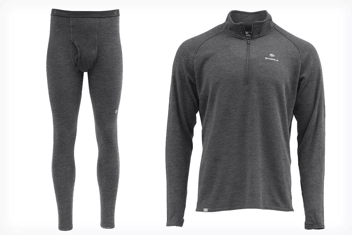 Skwala Thermo 260 quarter-zip Merino wool base layer top and bottom in dark gray, shown front view.