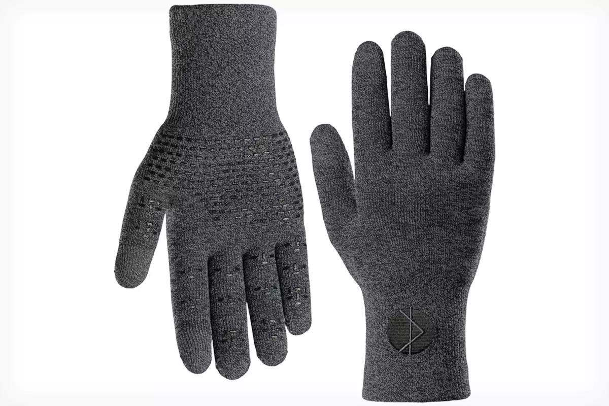 Studio photo of a pair of waterproof wool gloves. 