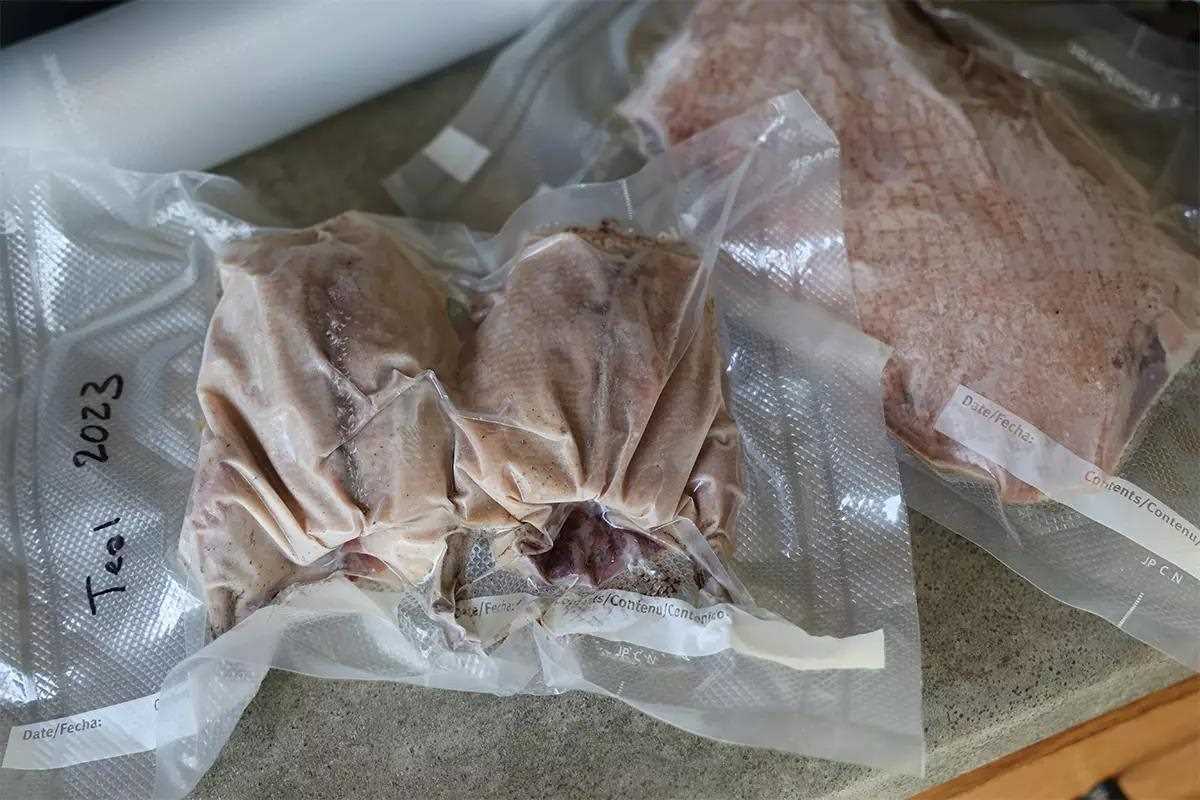 A vacuum sealed bag with frozen wild game meat.