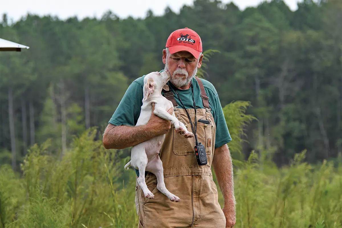Dog trainer Mo Lindley carries a white English Pointer Puppy.