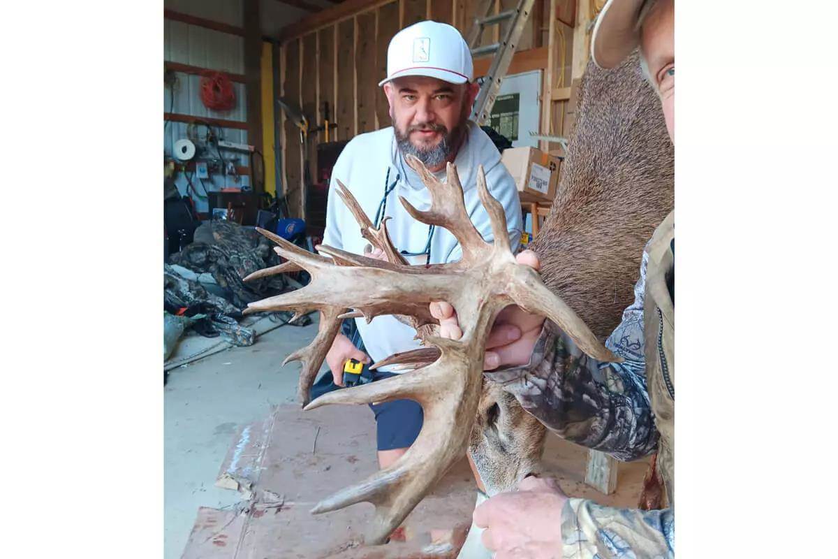 indiana non-typical whitetail buck with hunter