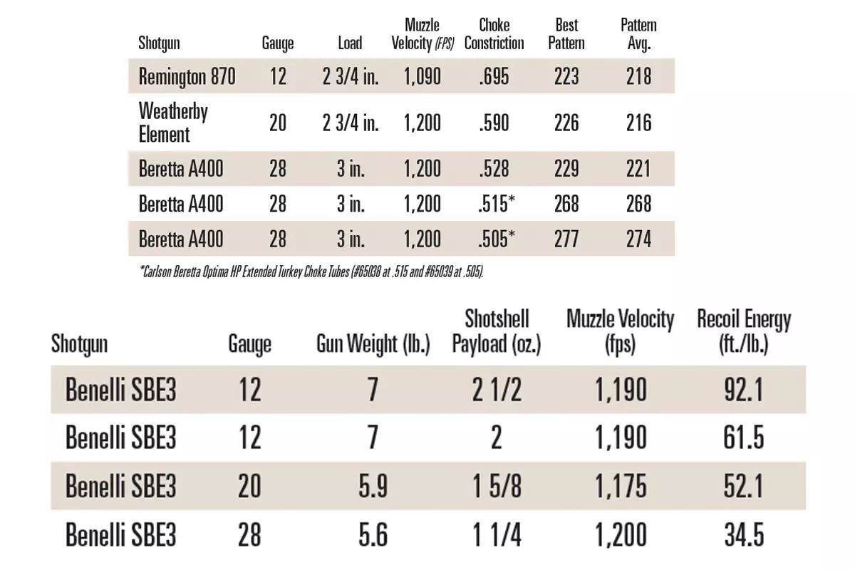 A spec sheet displaying shotgun and ammo performance. 