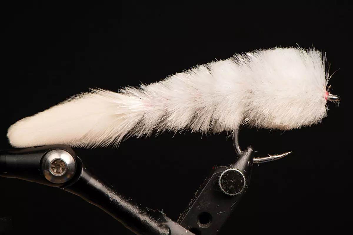White musky fly secured in a vise during the tying process