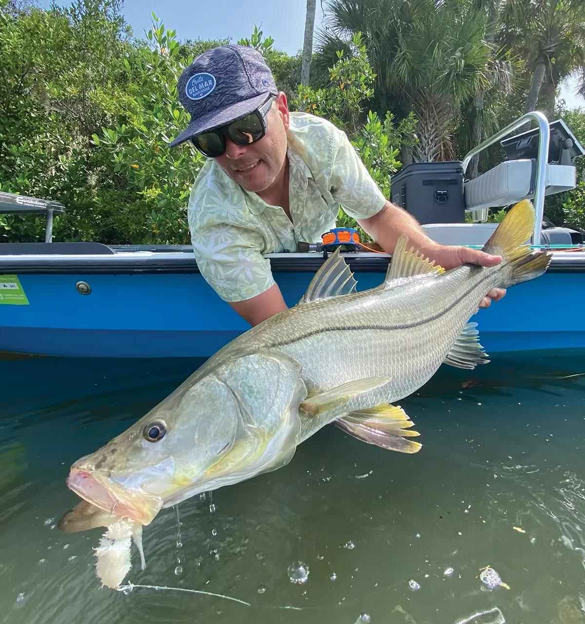 Angler landing a snook beside a skiff in shallow coastal water