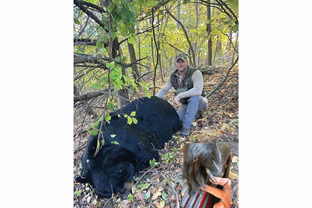 bowhunter with massive New Jersey black bear and inset of claws