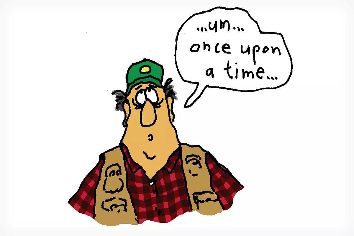 A cartoony illustration of a man saying ...UM... ONCE UPON A TIME...