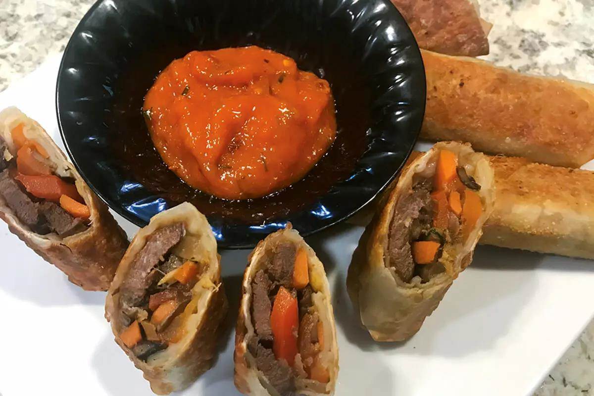 Pan-Fried Egg Roll Recipe with Duck and Mango-Pepper Sauce