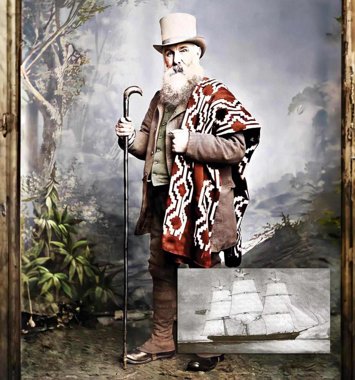 An old timey image of a Welsh nationalist with a photo of a ship inset in the lower right.