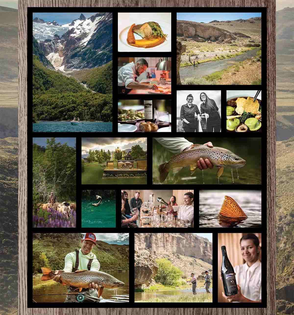 A collage of Patagonia trout-fishing and luxury lodging images.