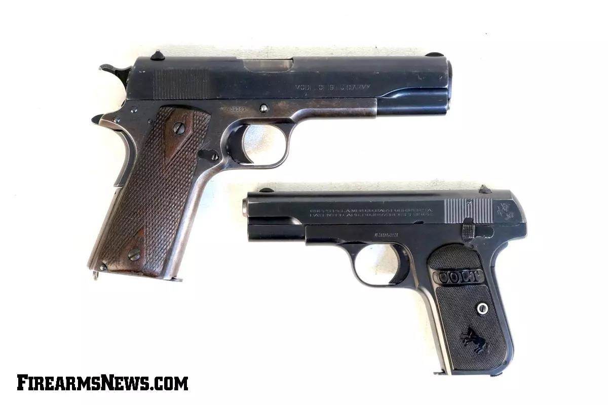 Colt M1911 and M1908 pistols against a white background.