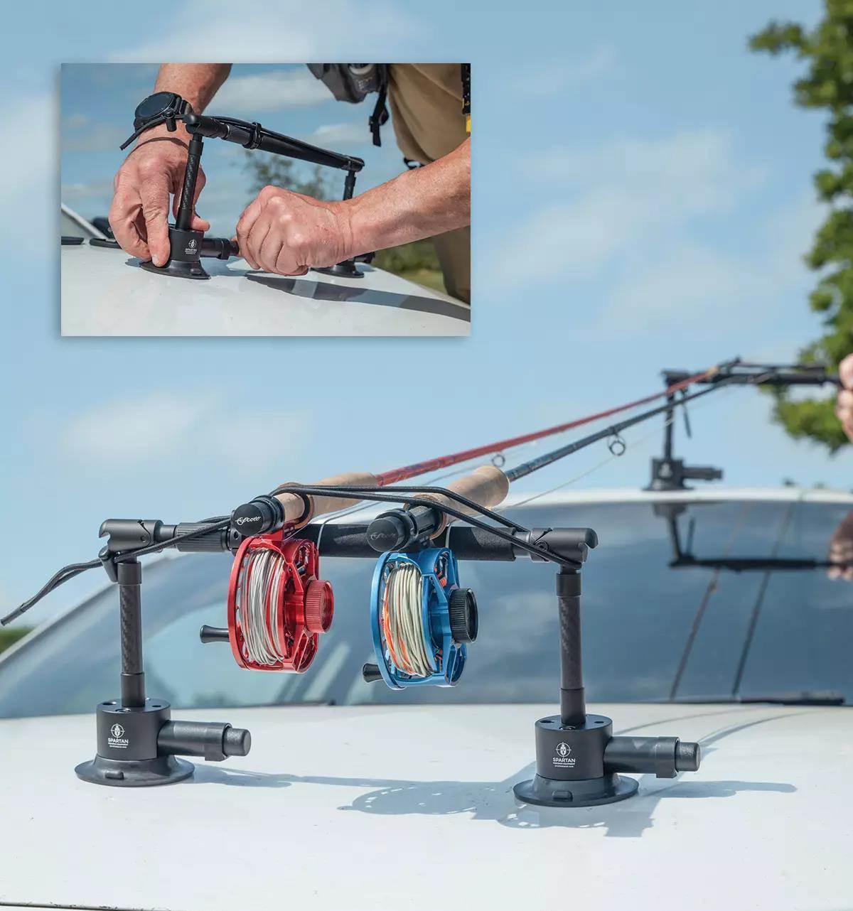 A portable fly-rod carrier attached to a car's front end with two rods and reels attached; inset photo of two hands attaching the rod rack to a hood. 