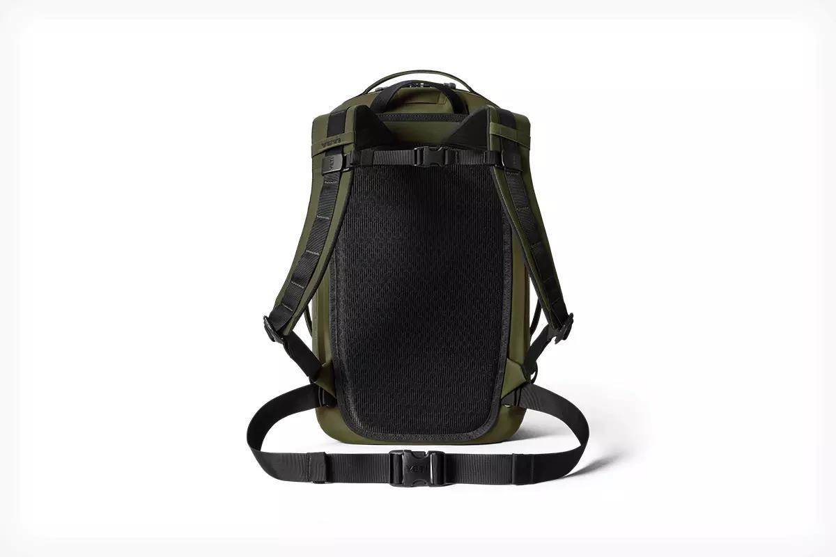 Studio photo of the back side of a YETI backpack.