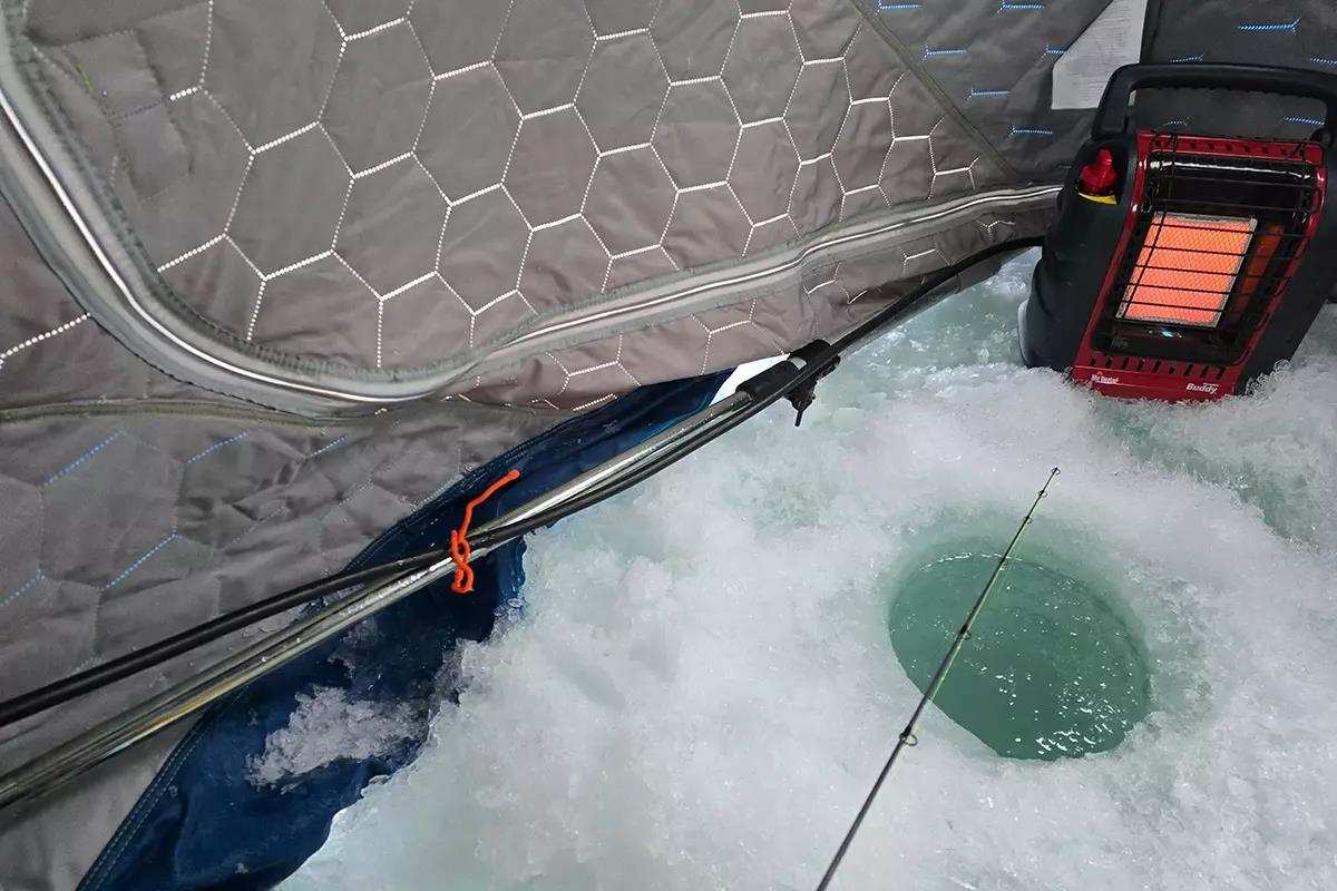 inside of ice fishing shelter