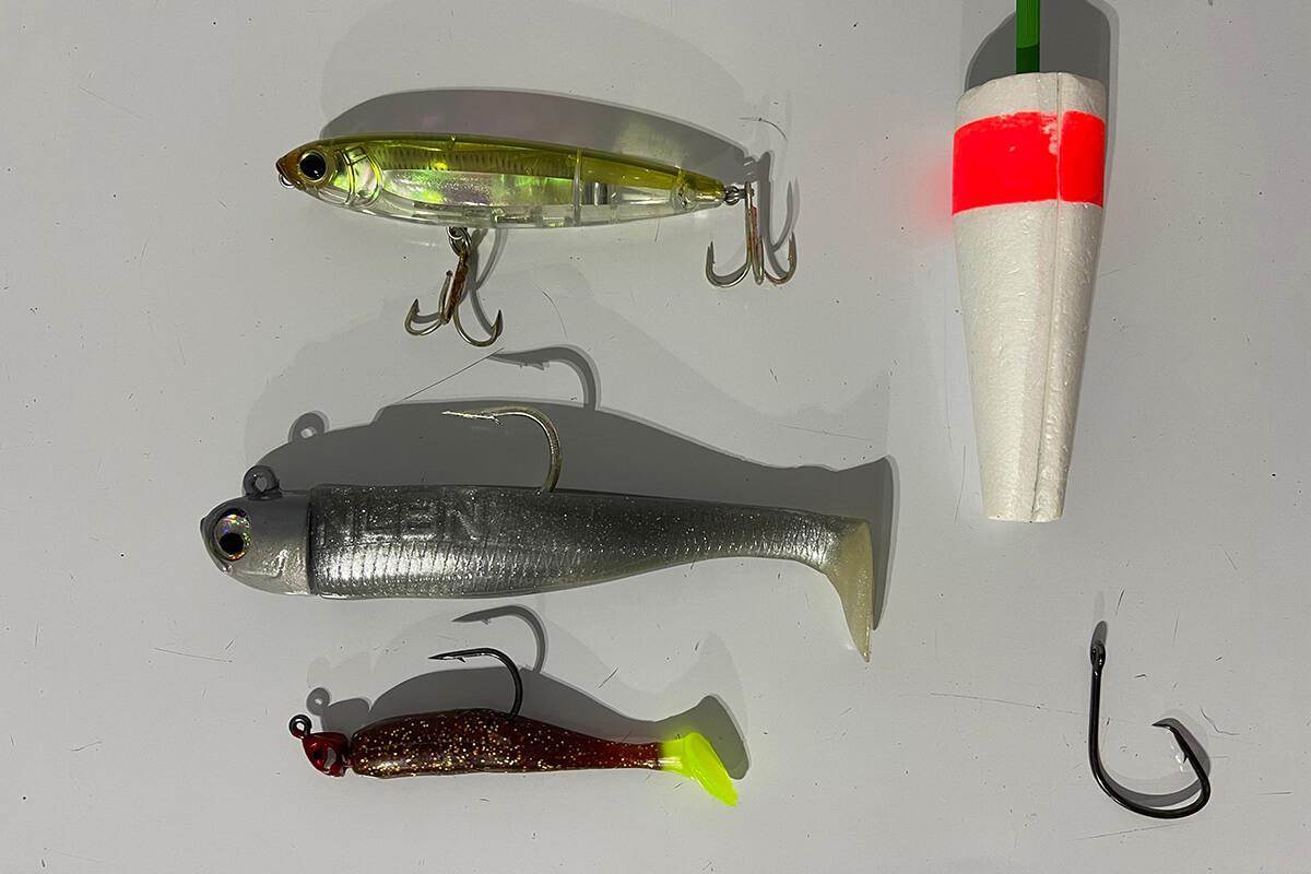 various fishing lures and a popping cork rig