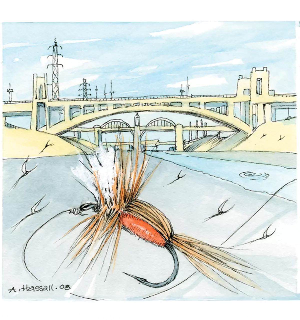 Watercolor artwork of a Humpy fly in an urban landscape.