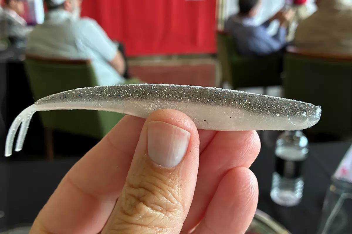 A person holds up a soft plastic minnow bait. 