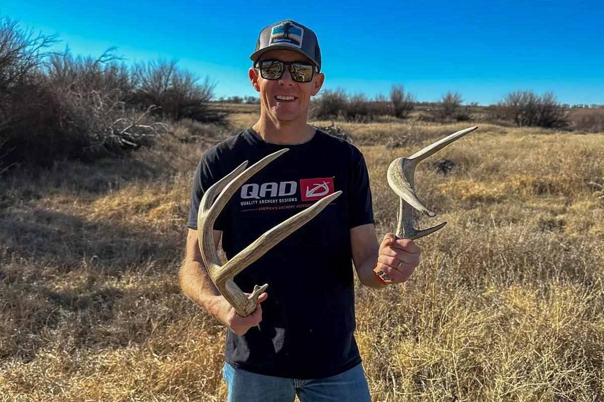 Author with two great shed antlers