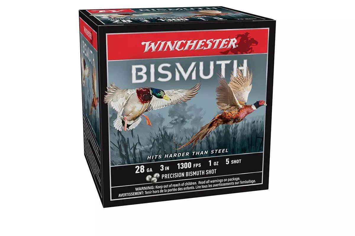 A product image of a box of Winchester Bismuth shotgun shells on a white background.