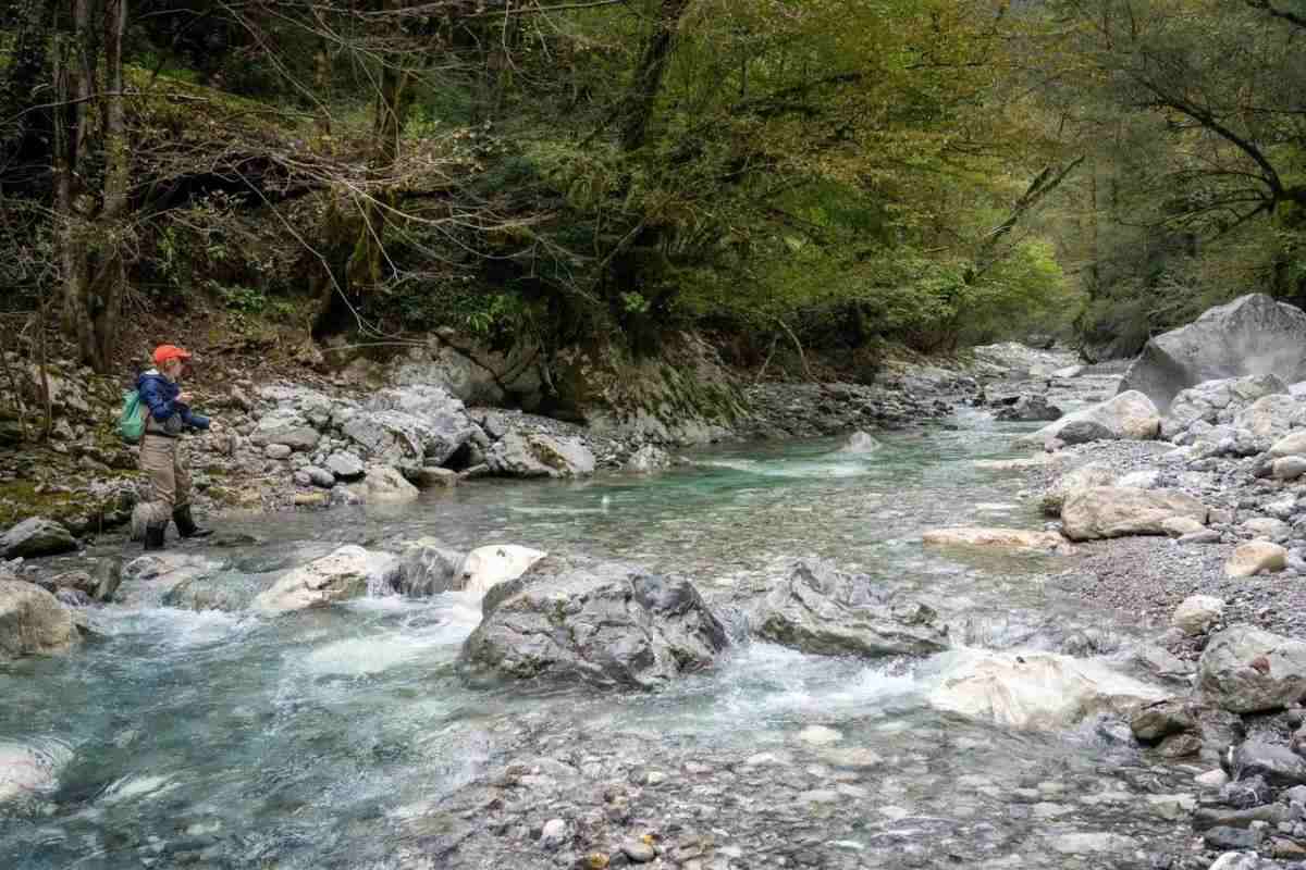 A fly angler casts on the far side of a clear blue Slovenian creek. 