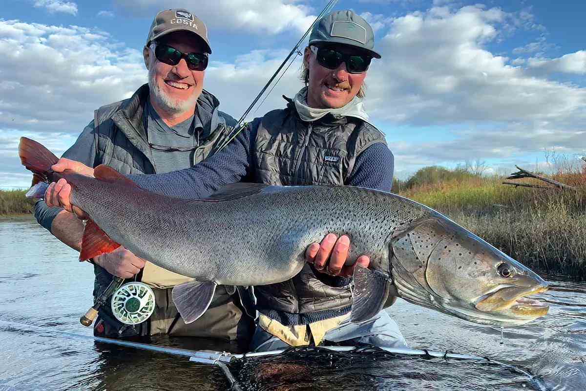 Two fly anglers in a river, one holding a large taimen. 