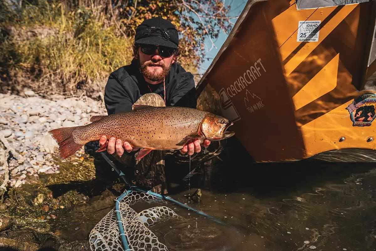 A man squats next to a drift boat at the edge of a river holding a beautiful and big cutthroat trout.