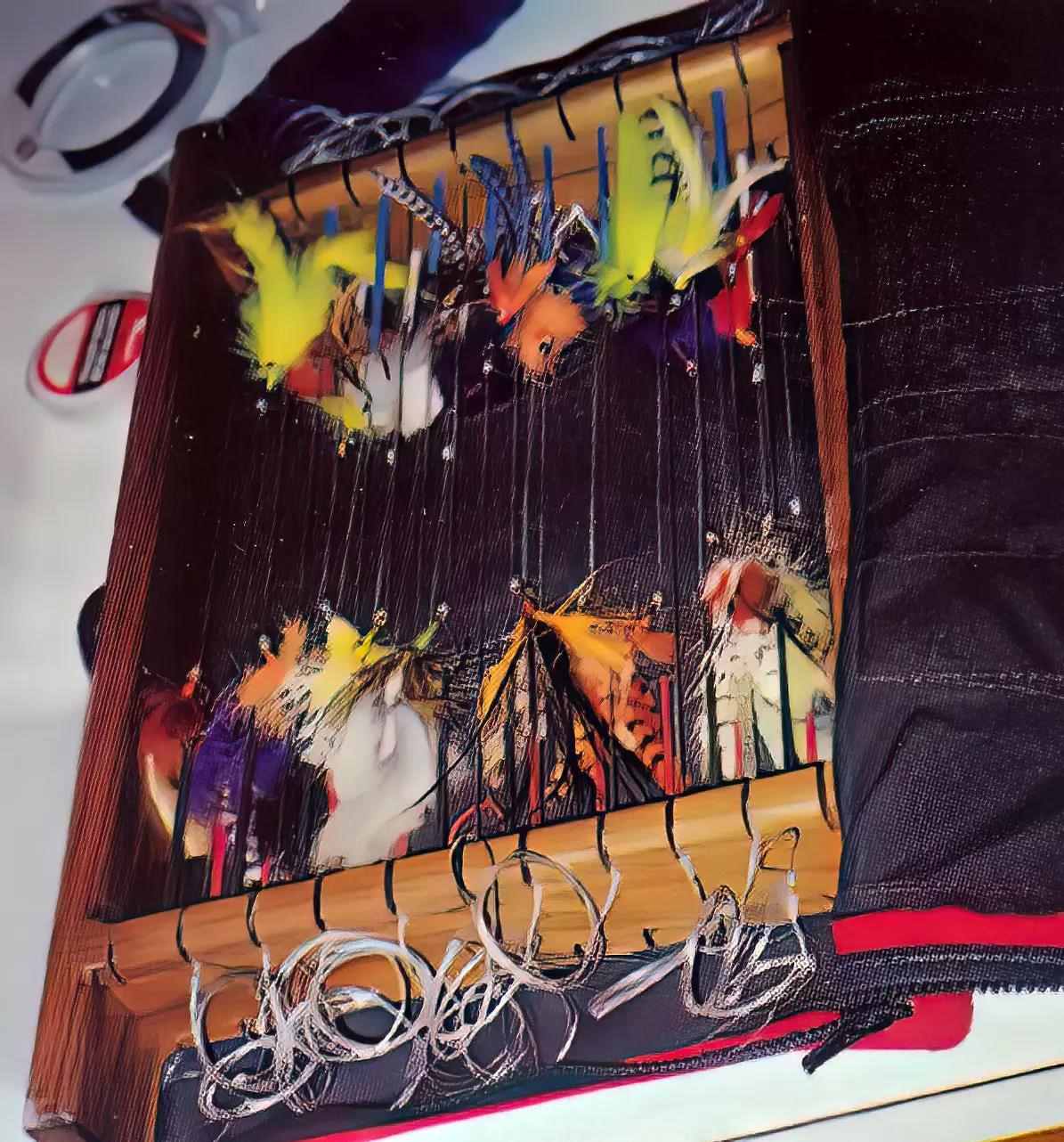 A box of pre-rigged tarpon flies on tippets. 