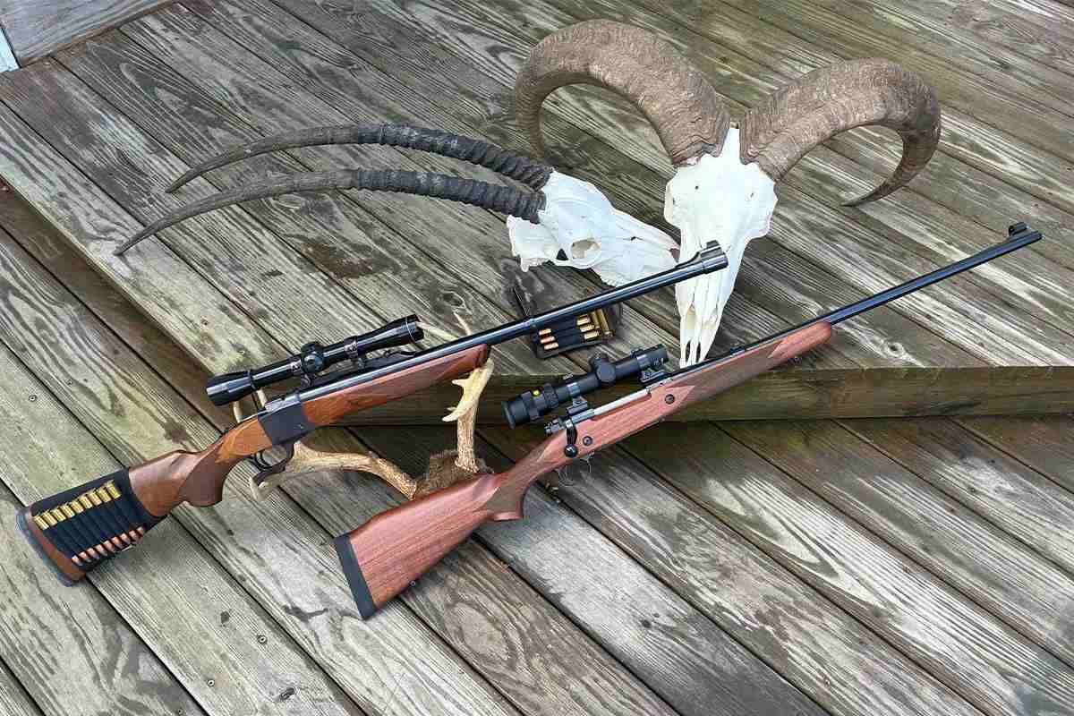 Two rifles and animal skulls and horns lie on a wooden deck. 