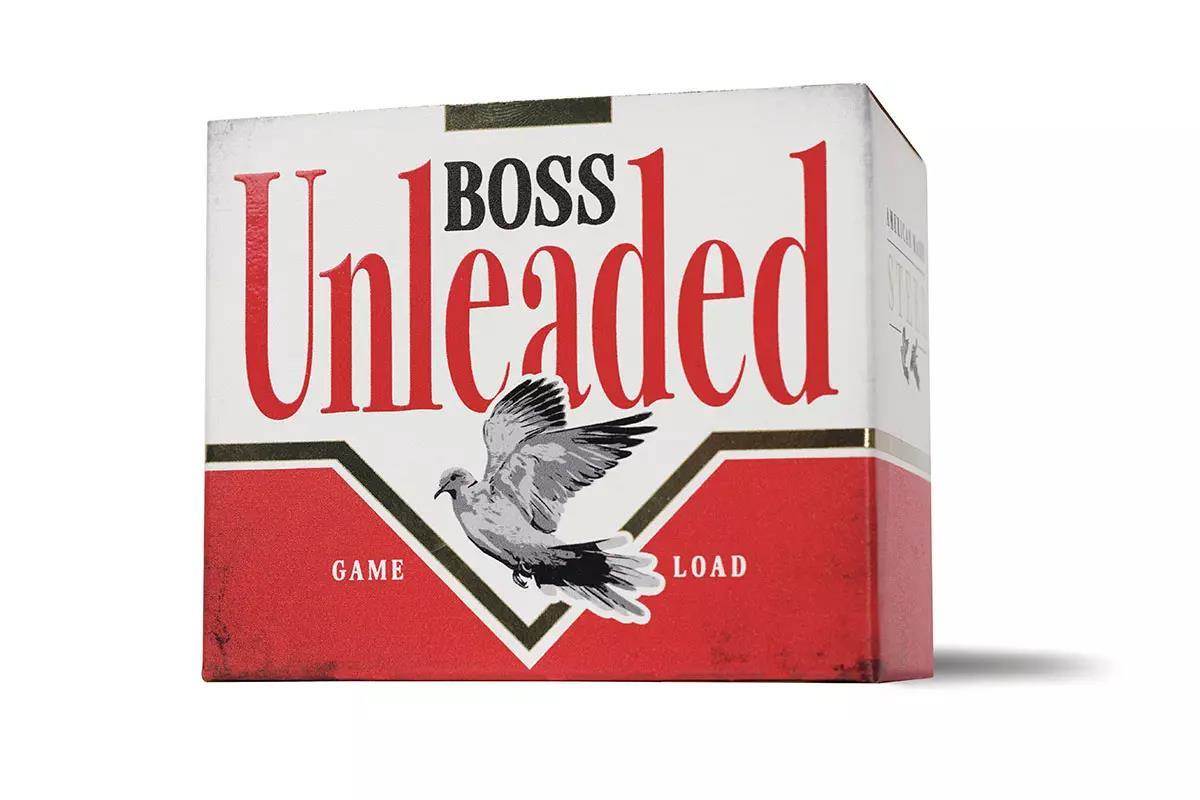 A Boss Unleaded shot shell box on a white background.