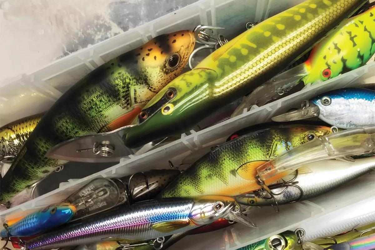 Pike lures sit in a storage container. 