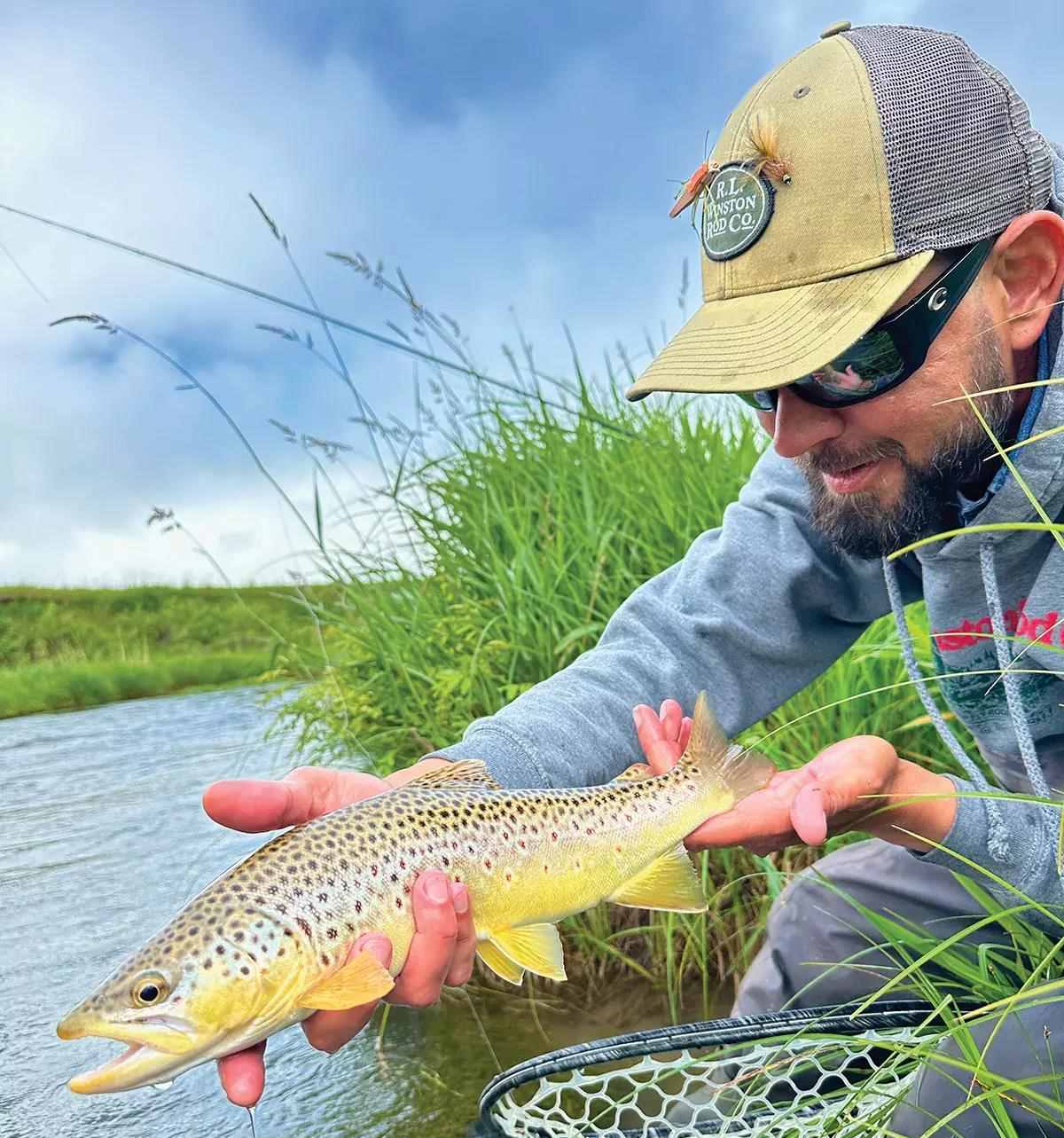 A fly angler holding a brown trout while sitting on the side of a small grass-lined creek. 