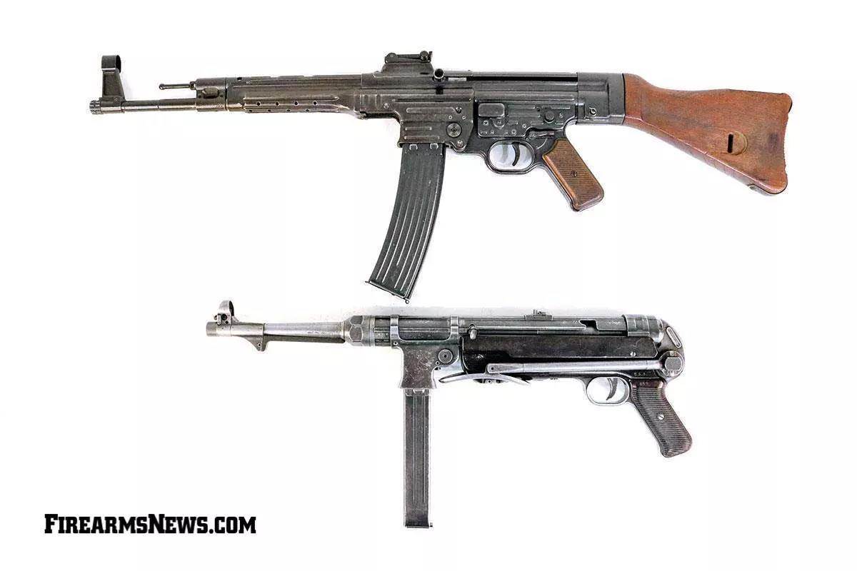 German StG 44 Sturmgewehr rifle above MP 40 submachine gun on white background