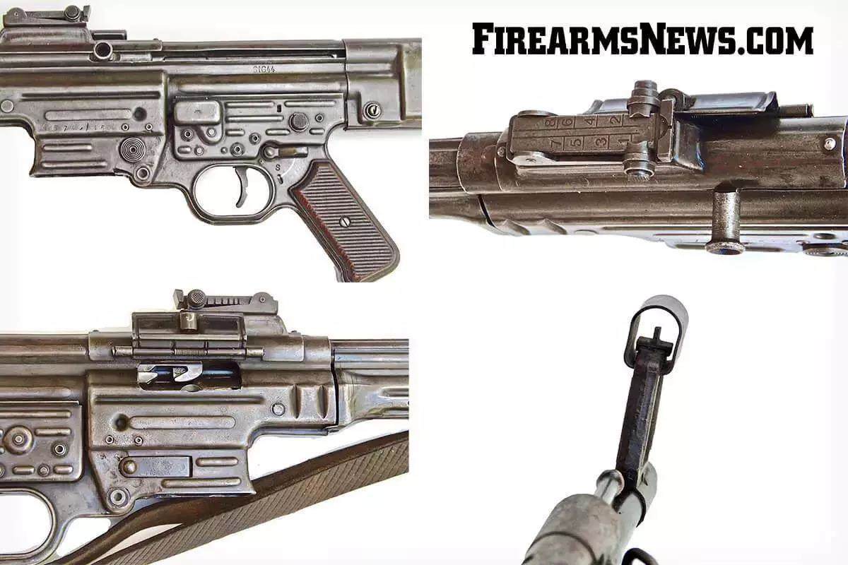 Four close-up photos of different sections of a StG 44 rifle.