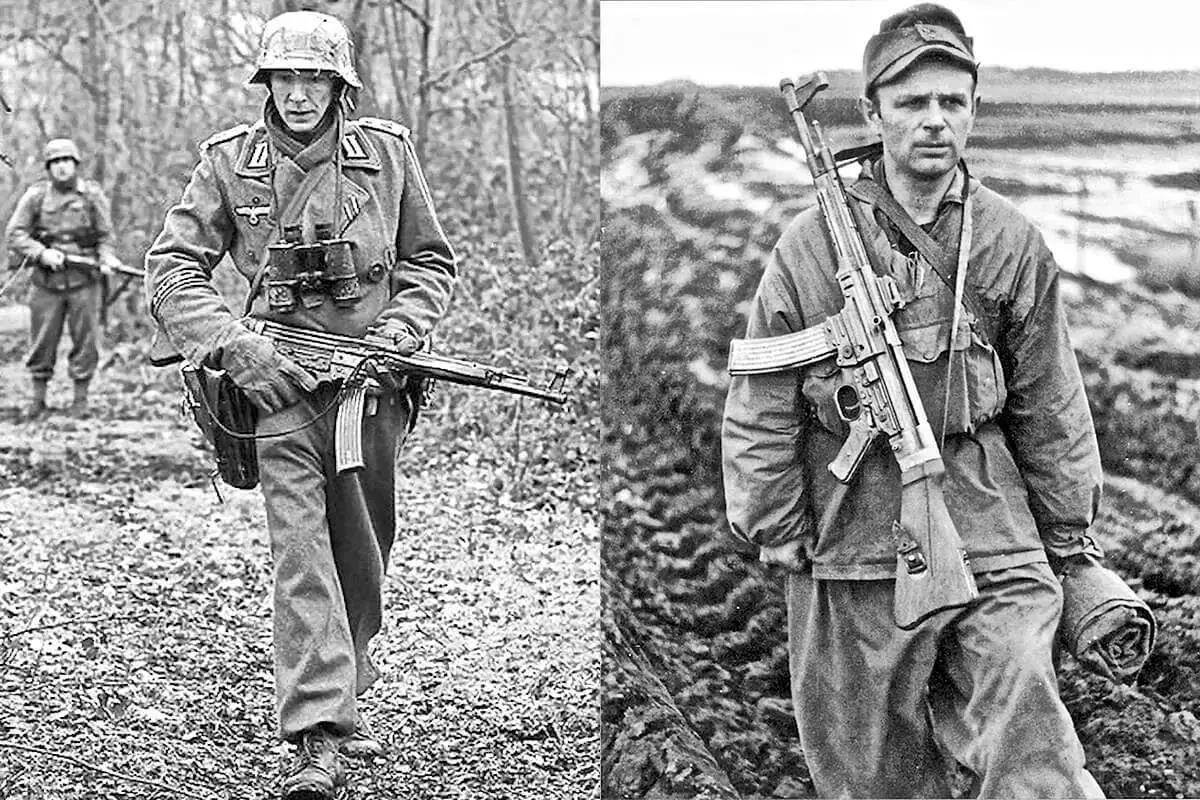 Patrolling German soldier with an StG44 and another with StG44 slung across his chest 