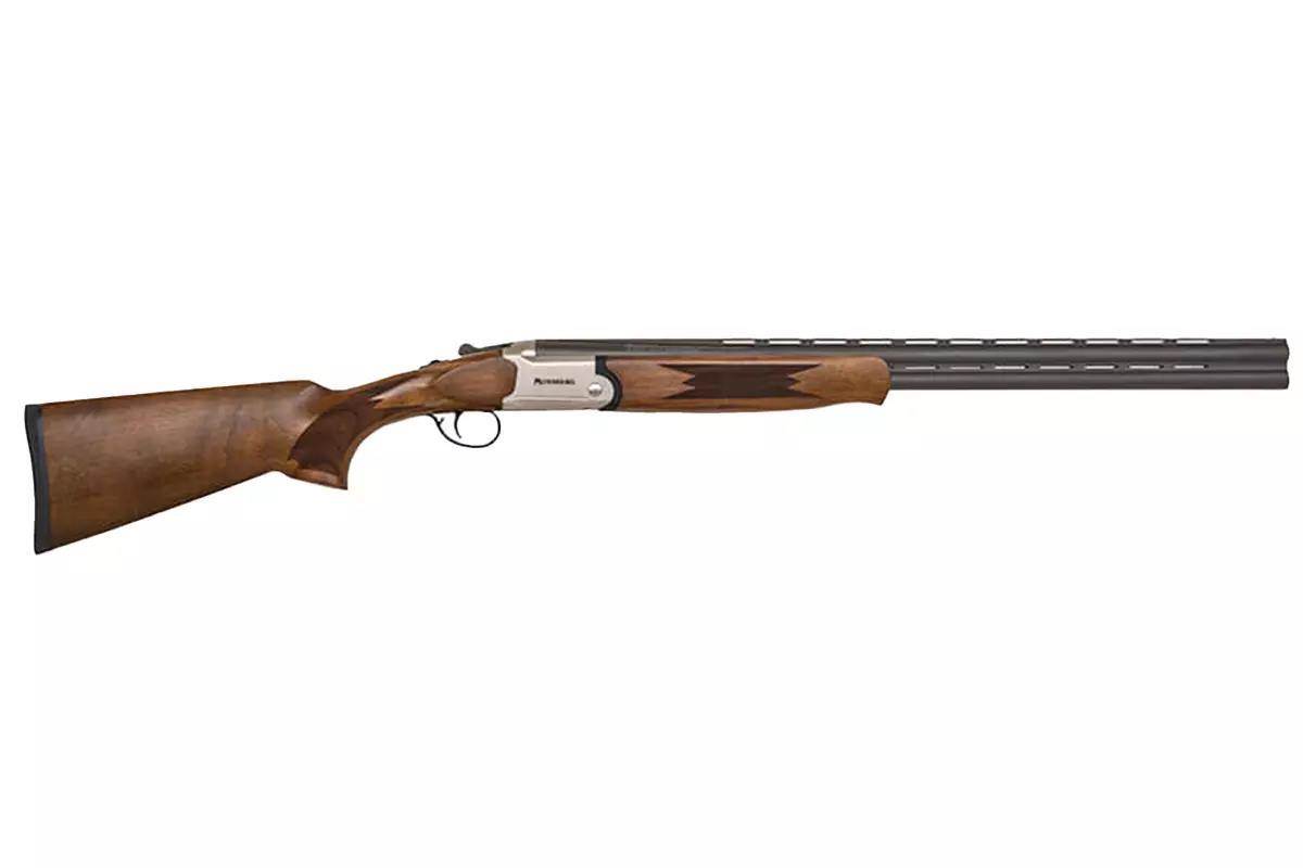 A Mossberg International Silver/Gold Reserve over/under shotgun on a white background.