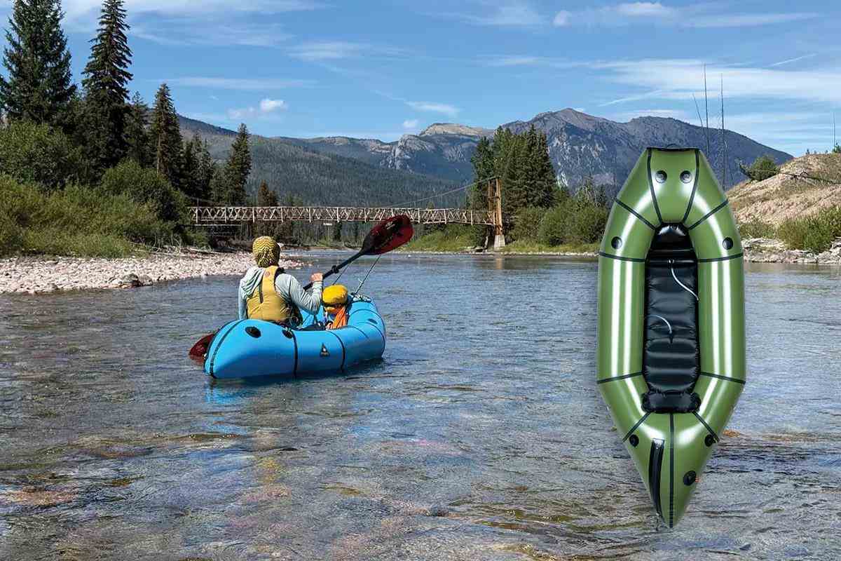 A paddler in a small blue raft on a river with mountains in the background. Inset photo of a small green pack raft. 