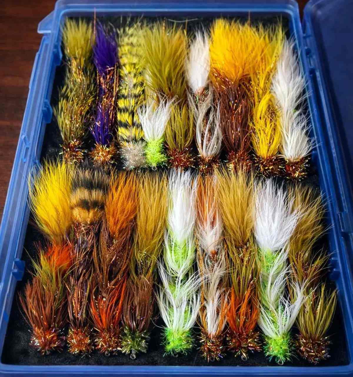 A fly box full of different variations of Circus Peanut flies. 