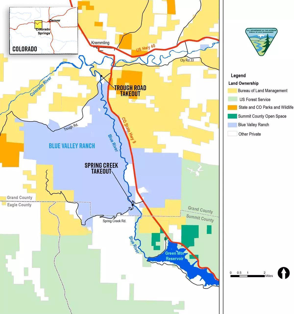A map showing the locations of two boat ramps on Colorado's Blue River, plus land ownership.