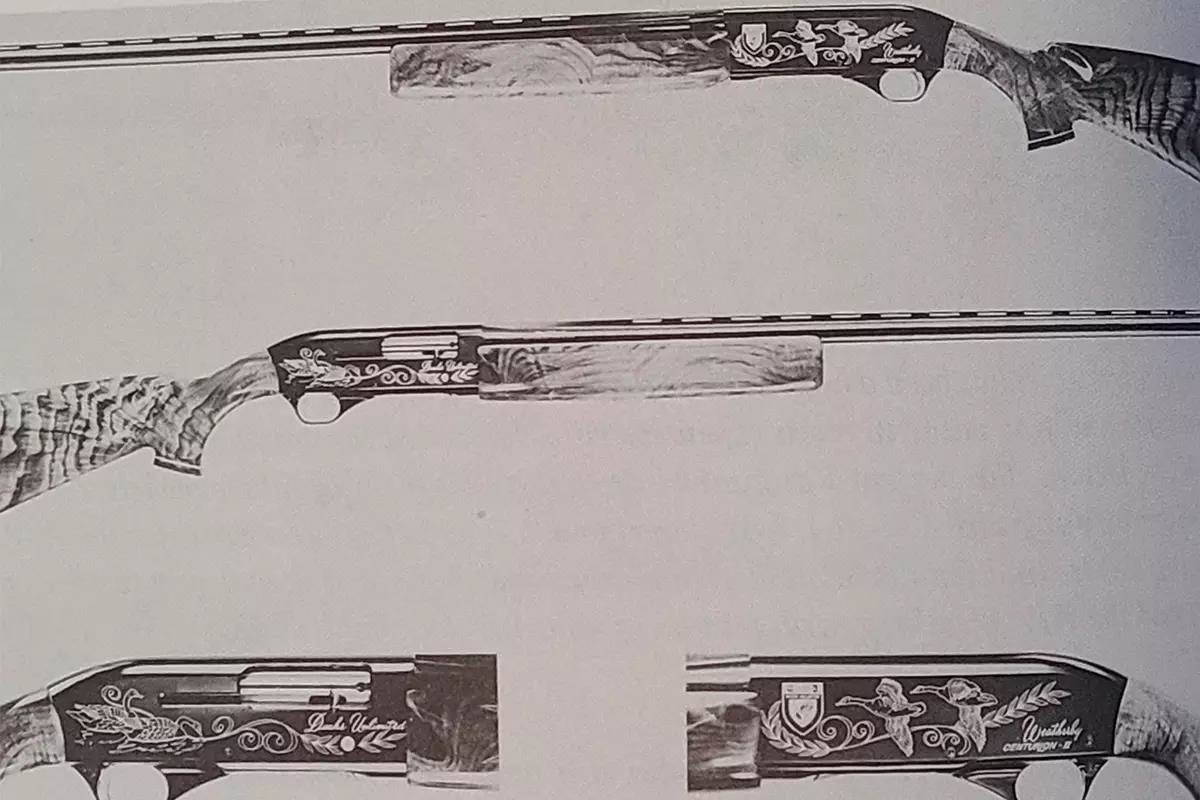 An old book page with images of Weatherby's old semiautomatic shotguns.